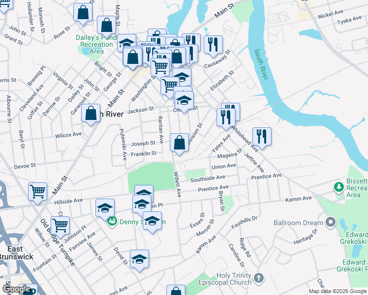 map of restaurants, bars, coffee shops, grocery stores, and more near 44 Division Street in South River