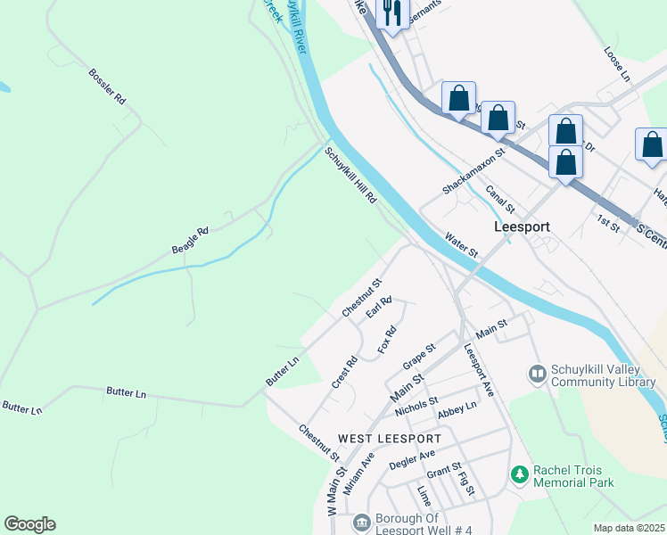 map of restaurants, bars, coffee shops, grocery stores, and more near 275 Chestnut Street in Leesport
