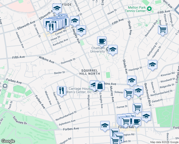 map of restaurants, bars, coffee shops, grocery stores, and more near in Pittsburgh