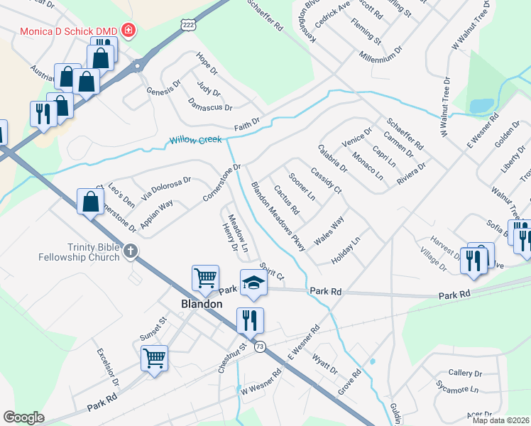 map of restaurants, bars, coffee shops, grocery stores, and more near 314 Blandon Meadows Parkway in Blandon