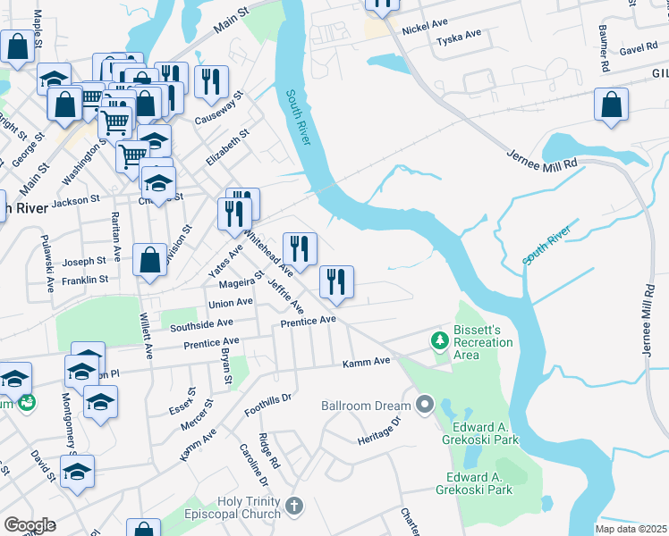 map of restaurants, bars, coffee shops, grocery stores, and more near 1 Riverview Drive in South River