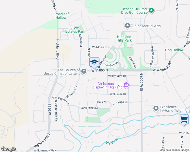 map of restaurants, bars, coffee shops, grocery stores, and more near 6250 West 11800 North in Highland