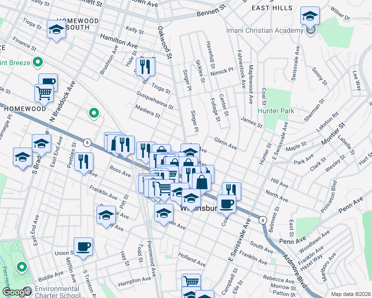 map of restaurants, bars, coffee shops, grocery stores, and more near 614 Hill Avenue in Pittsburgh