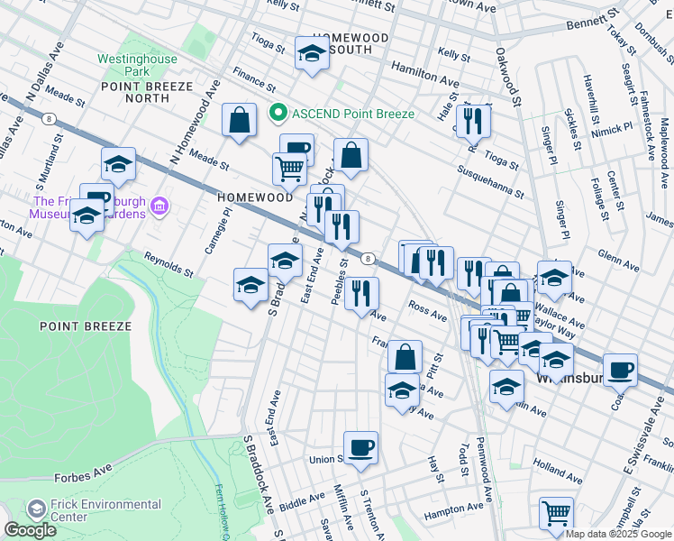 map of restaurants, bars, coffee shops, grocery stores, and more near 7750 Penn Avenue in Pittsburgh