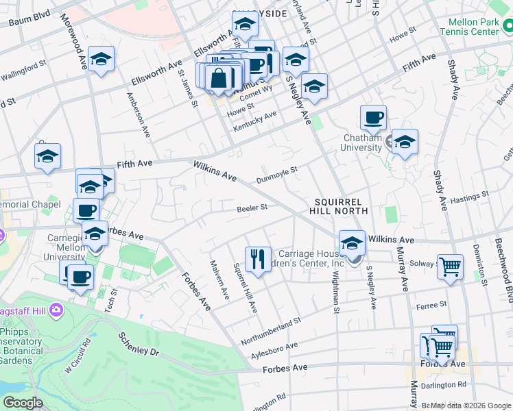 map of restaurants, bars, coffee shops, grocery stores, and more near 5402 Wilkins Avenue in Pittsburgh