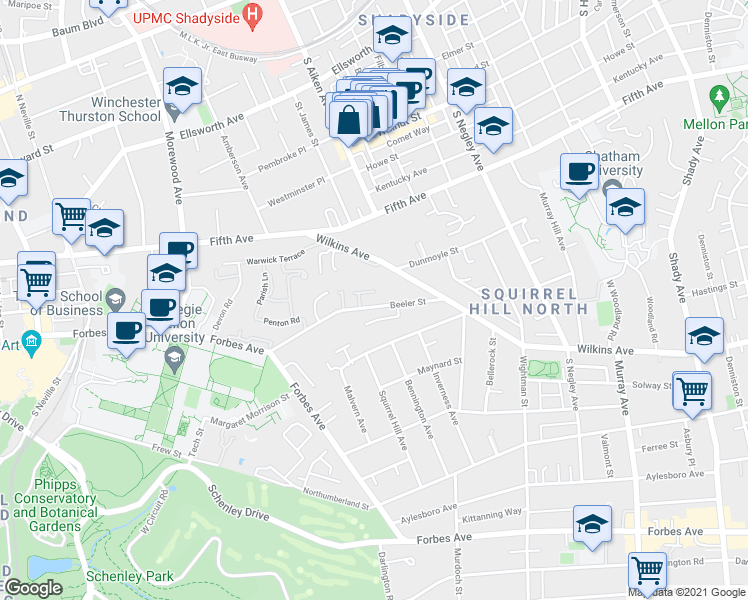 map of restaurants, bars, coffee shops, grocery stores, and more near 2 Olympia Place in Pittsburgh
