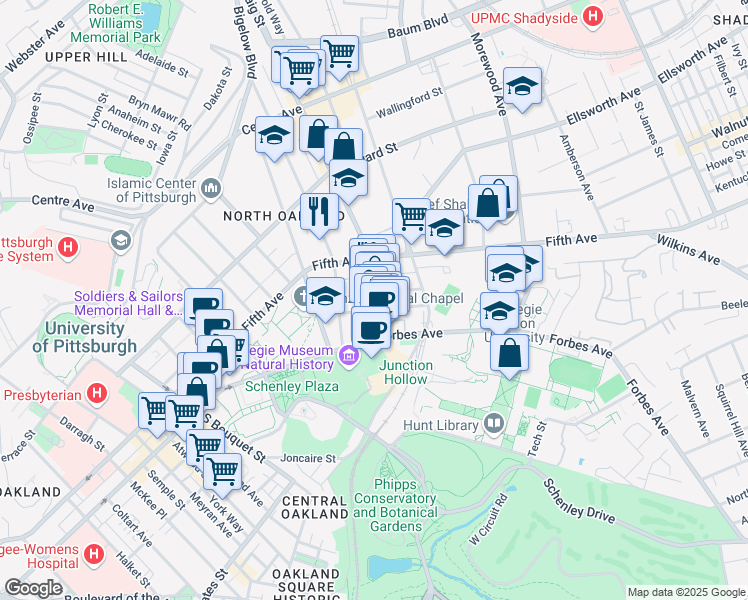 map of restaurants, bars, coffee shops, grocery stores, and more near 209 South Craig Street in Pittsburgh