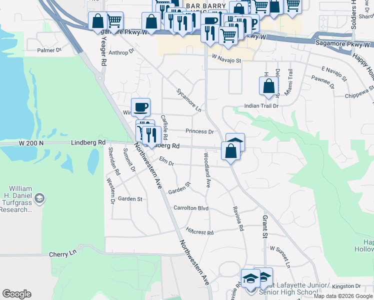 map of restaurants, bars, coffee shops, grocery stores, and more near 906 Lindberg Road in West Lafayette