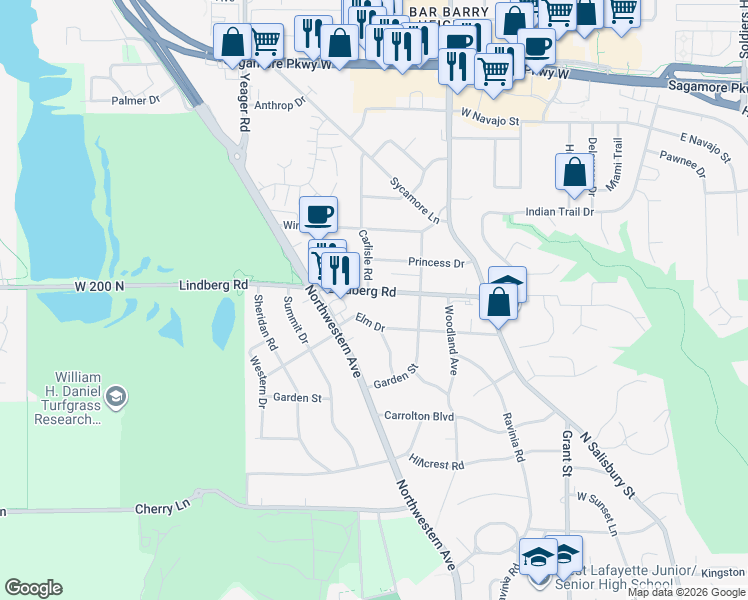 map of restaurants, bars, coffee shops, grocery stores, and more near 936 Lindberg Road in West Lafayette