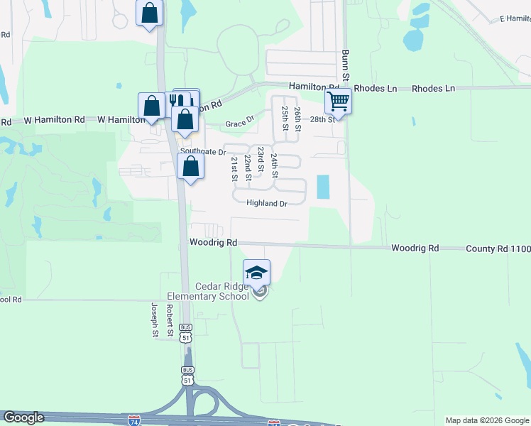 map of restaurants, bars, coffee shops, grocery stores, and more near 400-598 Highland Dr in Bloomington