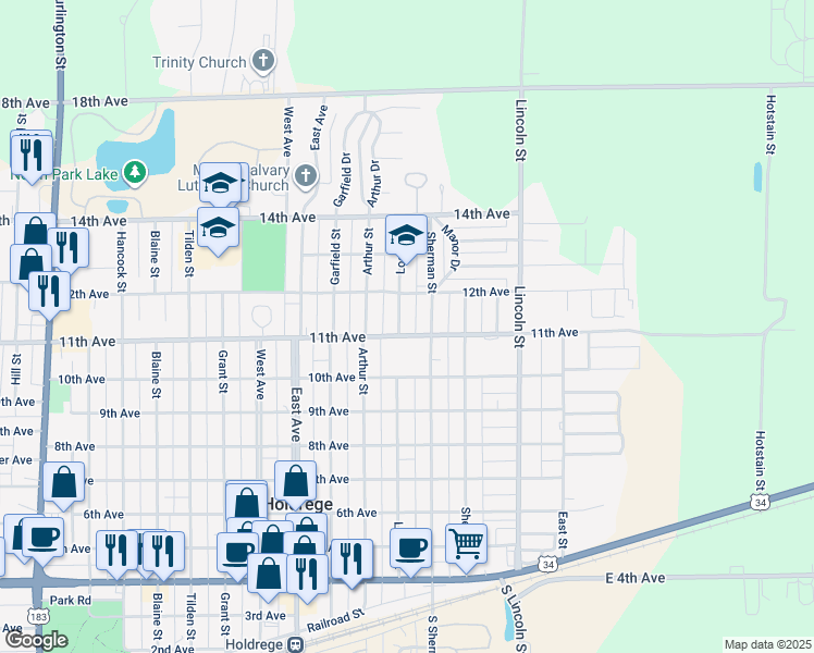 map of restaurants, bars, coffee shops, grocery stores, and more near 1101-1199 Logan St in Holdrege