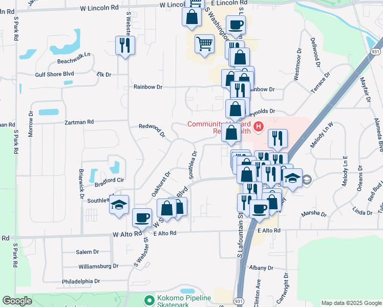 map of restaurants, bars, coffee shops, grocery stores, and more near 3511 Southlea Drive in Kokomo