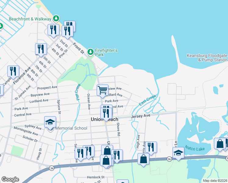 map of restaurants, bars, coffee shops, grocery stores, and more near 313-315 Shore Road in Keyport