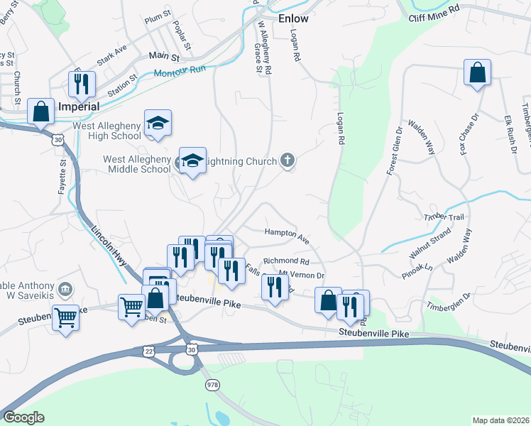 map of restaurants, bars, coffee shops, grocery stores, and more near 116 Williamsburg Road in Imperial
