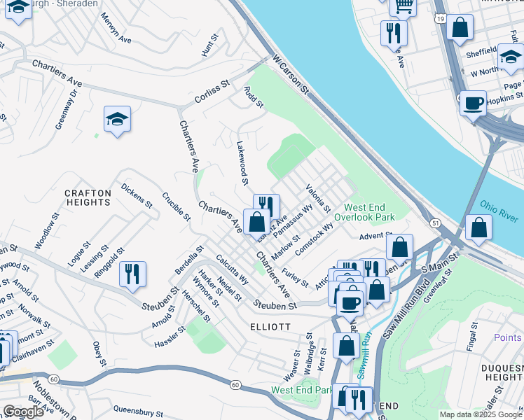 map of restaurants, bars, coffee shops, grocery stores, and more near 1036 Lakewood Street in Pittsburgh