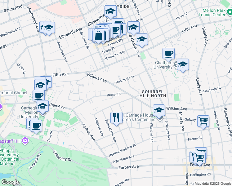 map of restaurants, bars, coffee shops, grocery stores, and more near 5402 Wilkins Avenue in Pittsburgh