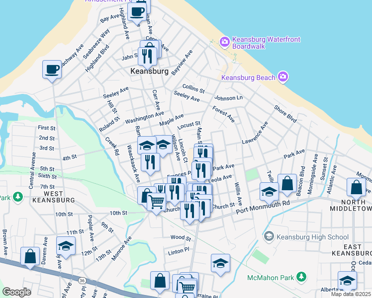 map of restaurants, bars, coffee shops, grocery stores, and more near 58 Lincoln Court in Keansburg