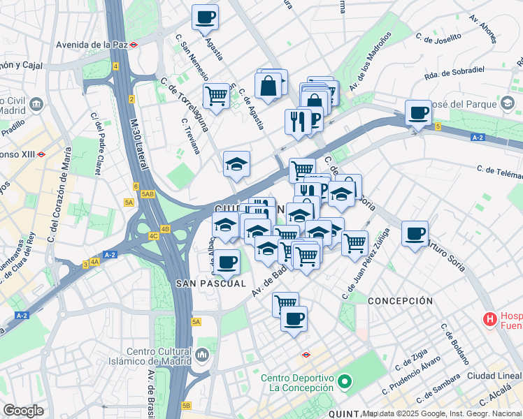 map of restaurants, bars, coffee shops, grocery stores, and more near in Madrid