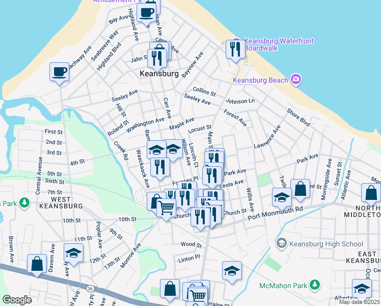 map of restaurants, bars, coffee shops, grocery stores, and more near 49 Lincoln Court in Keansburg