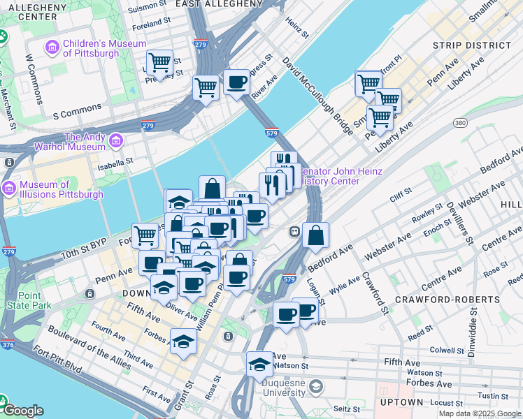 map of restaurants, bars, coffee shops, grocery stores, and more near 1100 Smallman Street in Pittsburgh