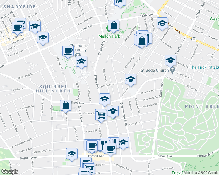 map of restaurants, bars, coffee shops, grocery stores, and more near 900 Hastings Street in Pittsburgh