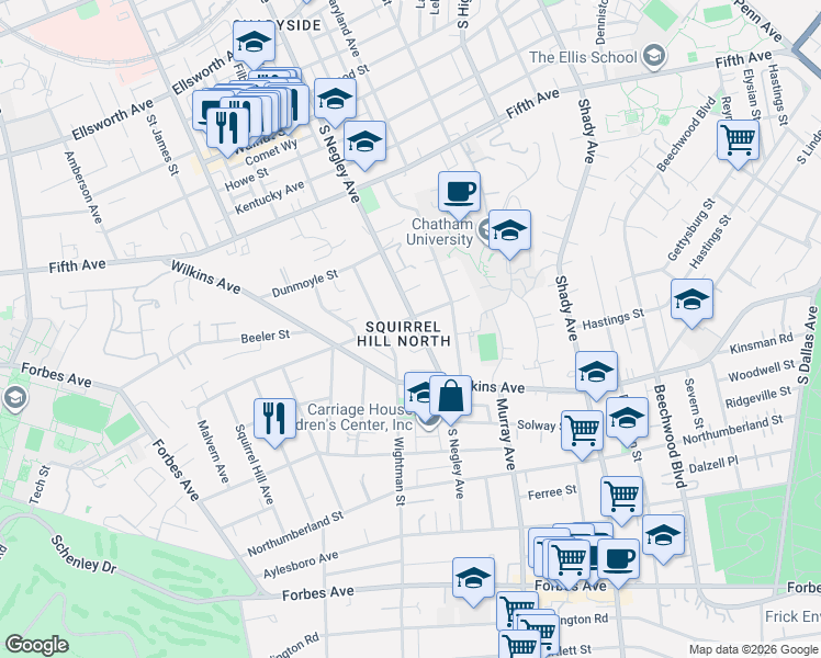 map of restaurants, bars, coffee shops, grocery stores, and more near in Pittsburgh