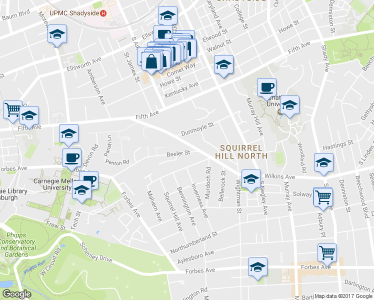 map of restaurants, bars, coffee shops, grocery stores, and more near 5442 Wilkins Avenue in Pittsburgh