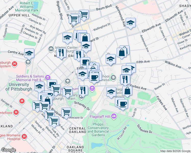map of restaurants, bars, coffee shops, grocery stores, and more near 209 South Craig Street in Pittsburgh
