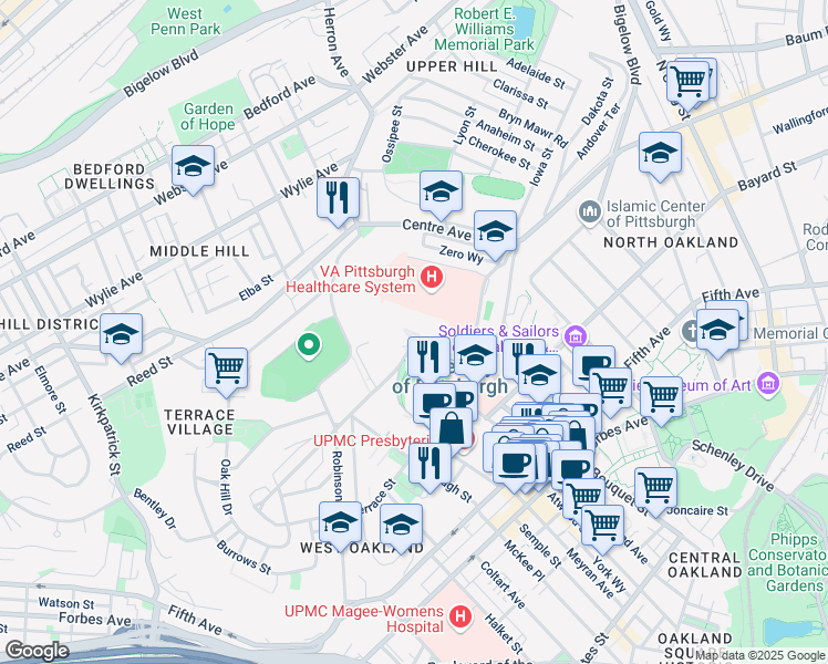 map of restaurants, bars, coffee shops, grocery stores, and more near 1000-3634 University Doctor C in Pittsburgh