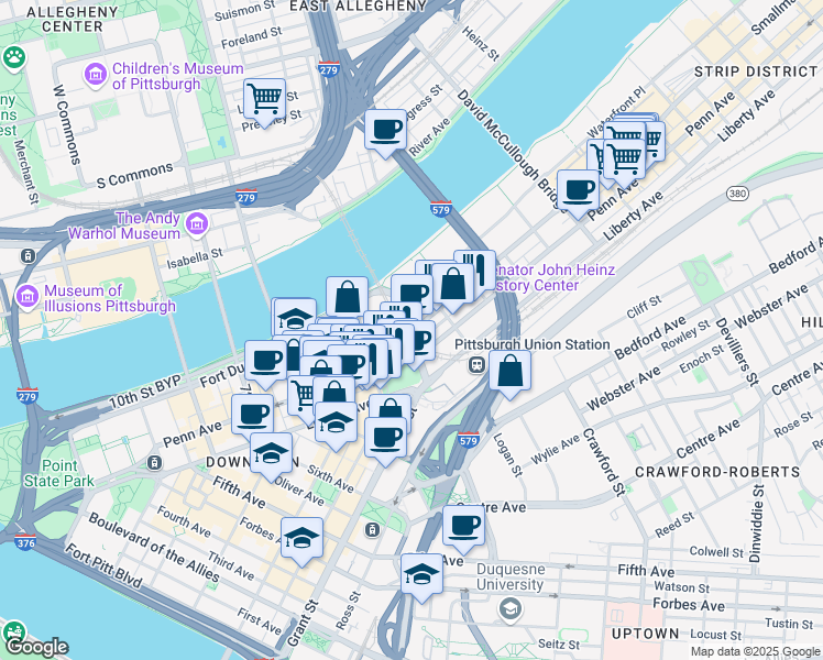 map of restaurants, bars, coffee shops, grocery stores, and more near in Pittsburgh