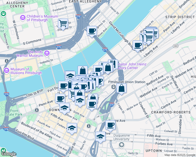 map of restaurants, bars, coffee shops, grocery stores, and more near 1150 Smallman Street in Pittsburgh