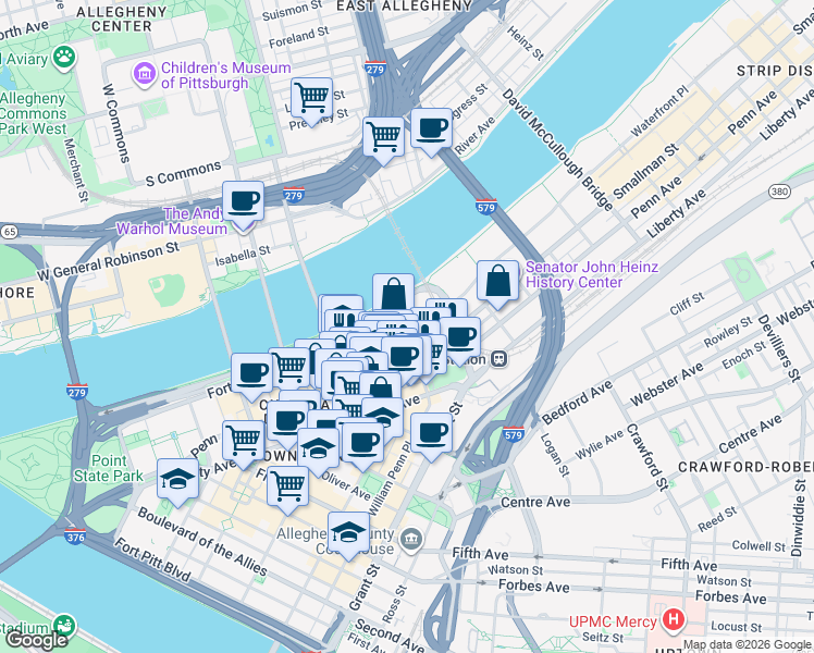 map of restaurants, bars, coffee shops, grocery stores, and more near 960 Fort Duquesne Boulevard in Pittsburgh