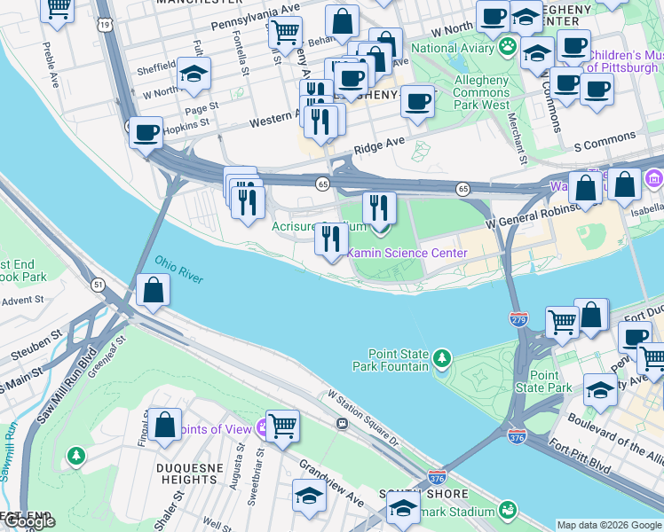 map of restaurants, bars, coffee shops, grocery stores, and more near 1 Allegheny Avenue in Pittsburgh