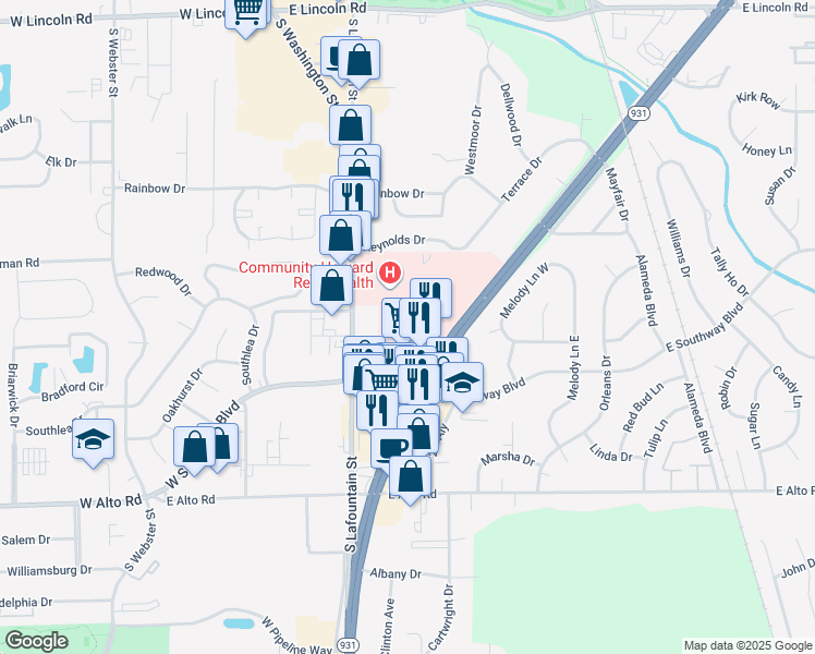 map of restaurants, bars, coffee shops, grocery stores, and more near 3538-3630 South Lafountain Street in Kokomo