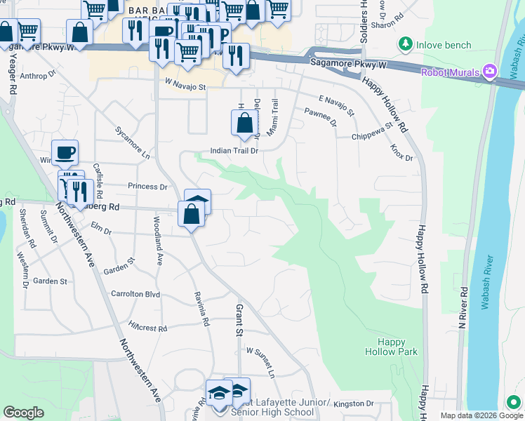 map of restaurants, bars, coffee shops, grocery stores, and more near 112 Arrowhead Drive in West Lafayette