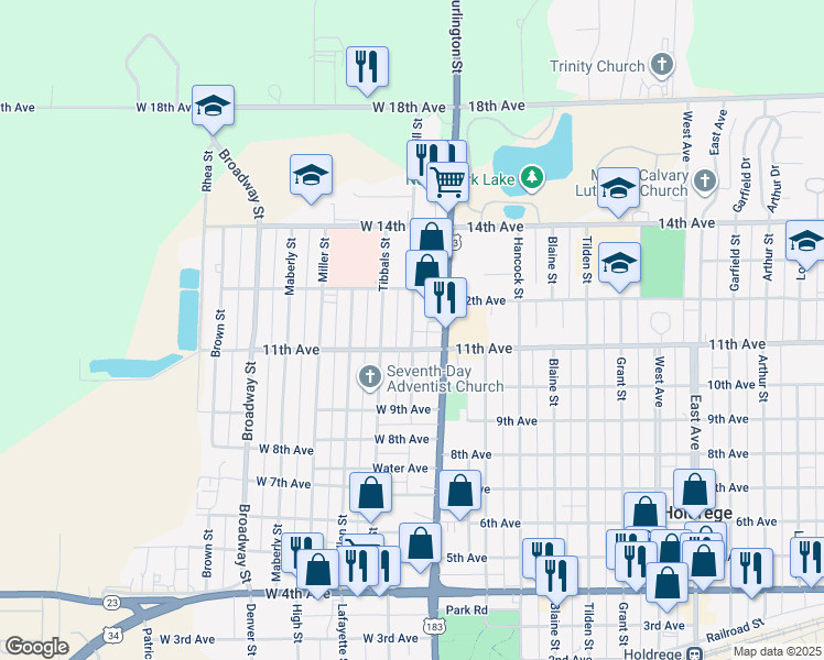 map of restaurants, bars, coffee shops, grocery stores, and more near 1121 Hill Street in Holdrege
