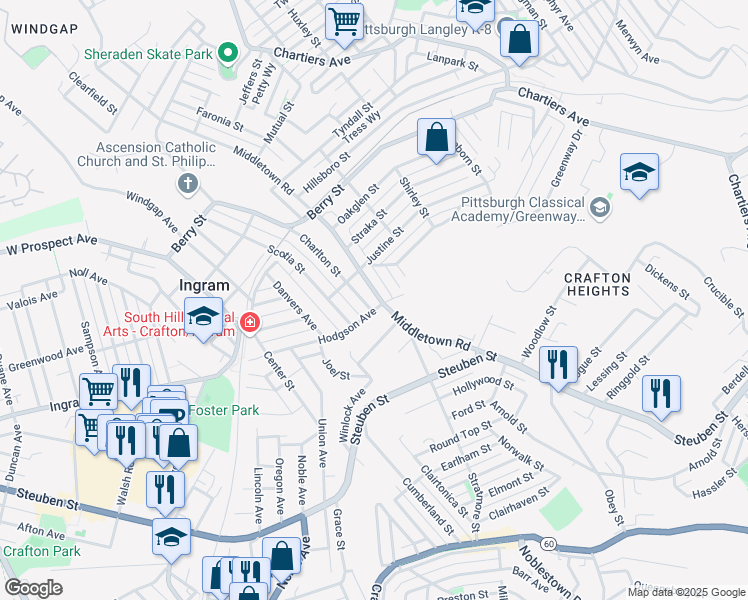 map of restaurants, bars, coffee shops, grocery stores, and more near 2703 Middletown Road in Pittsburgh