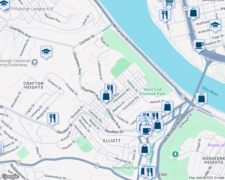 map of restaurants, bars, coffee shops, grocery stores, and more near 1036 Lakewood Street in Pittsburgh