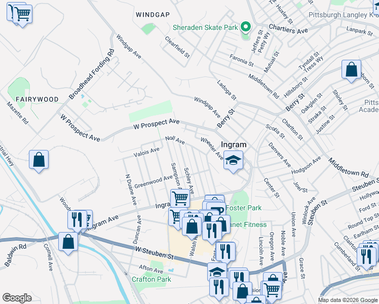 map of restaurants, bars, coffee shops, grocery stores, and more near 115 Evans Avenue in Pittsburgh