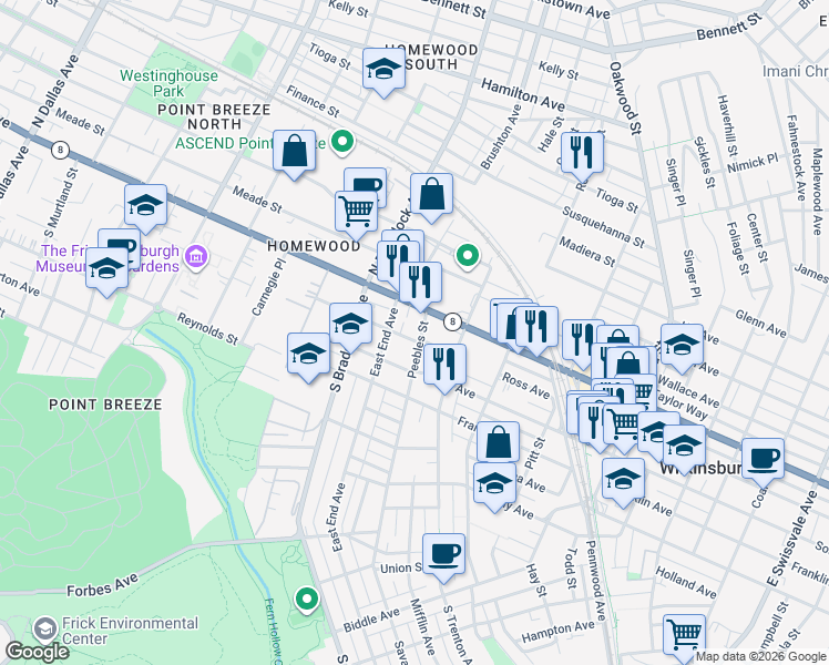 map of restaurants, bars, coffee shops, grocery stores, and more near 7750 Penn Avenue in Pittsburgh