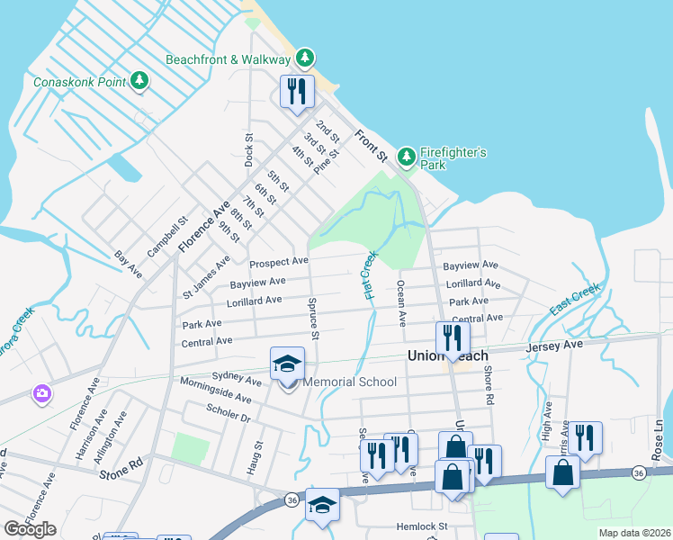 map of restaurants, bars, coffee shops, grocery stores, and more near 434 Prospect Avenue in Union Beach