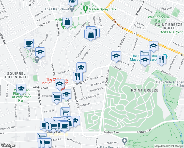 map of restaurants, bars, coffee shops, grocery stores, and more near 6628 Wilkins Avenue in Pittsburgh