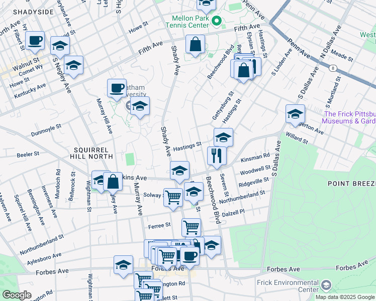 map of restaurants, bars, coffee shops, grocery stores, and more near 1303 Denniston Street in Pittsburgh