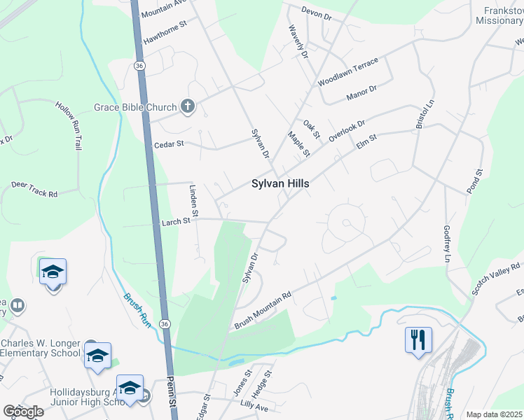 map of restaurants, bars, coffee shops, grocery stores, and more near 1331 Sylvan Drive in Hollidaysburg