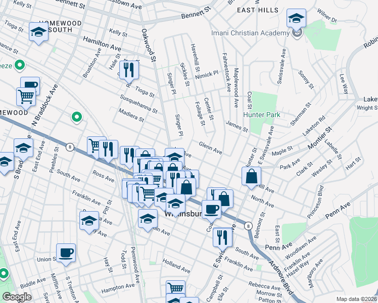 map of restaurants, bars, coffee shops, grocery stores, and more near 744 Glenn Avenue in Pittsburgh