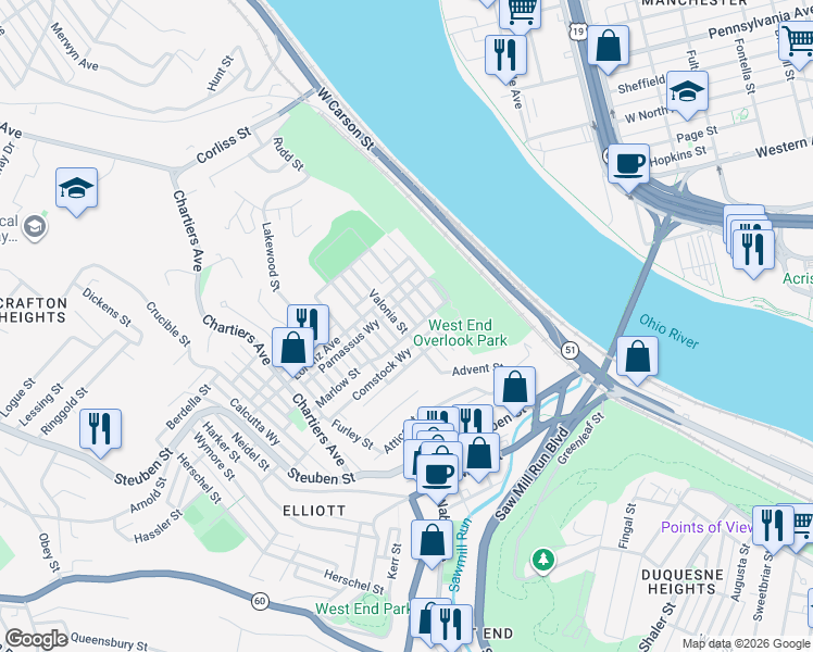map of restaurants, bars, coffee shops, grocery stores, and more near 905 Elkton Street in Pittsburgh