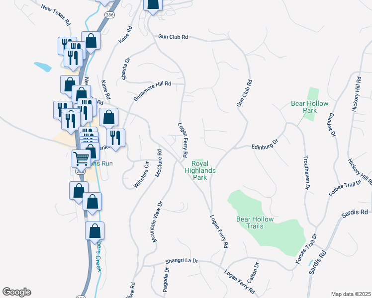 map of restaurants, bars, coffee shops, grocery stores, and more near 3797 Logans Ferry Rd in Pittsburgh