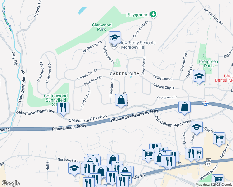 map of restaurants, bars, coffee shops, grocery stores, and more near 526 Fieldstone Drive in Monroeville