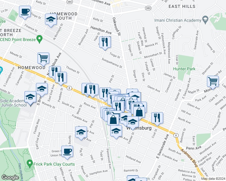 map of restaurants, bars, coffee shops, grocery stores, and more near 516 North Avenue in Pittsburgh