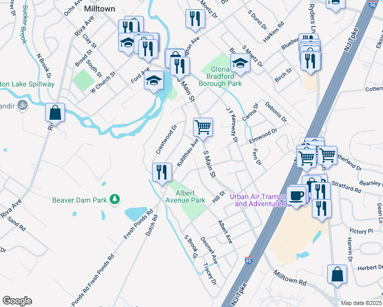 map of restaurants, bars, coffee shops, grocery stores, and more near 30 Kuhlthau Avenue in Milltown